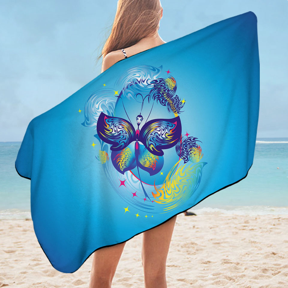 Kids Swimming Towels Blue Fairy Tale Butterfly Character