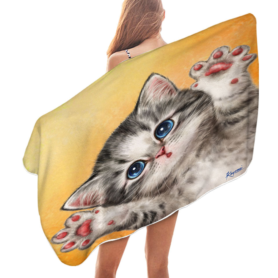 Kids Swimming Towels Cats Designs Heart Melting Blue Eyes Grey Kitten