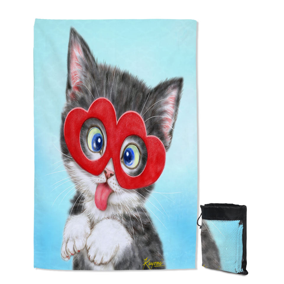 Kids Swimming Towels Cute Silly Kitten Wearing Heart Glasses