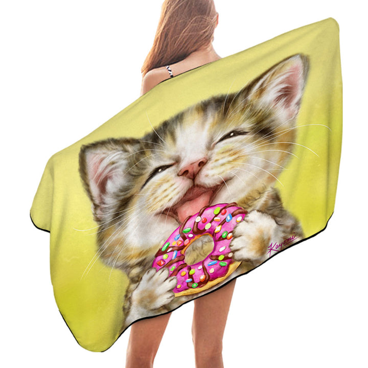 Kids Swimming Towels Funny Cats Happy Tabby Kitten Eating Doughnut