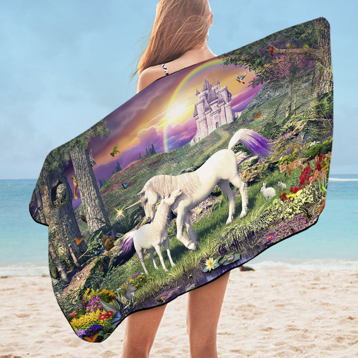 Kids Swimming Towels Magical Forest the Sanctuary of the Unicorns