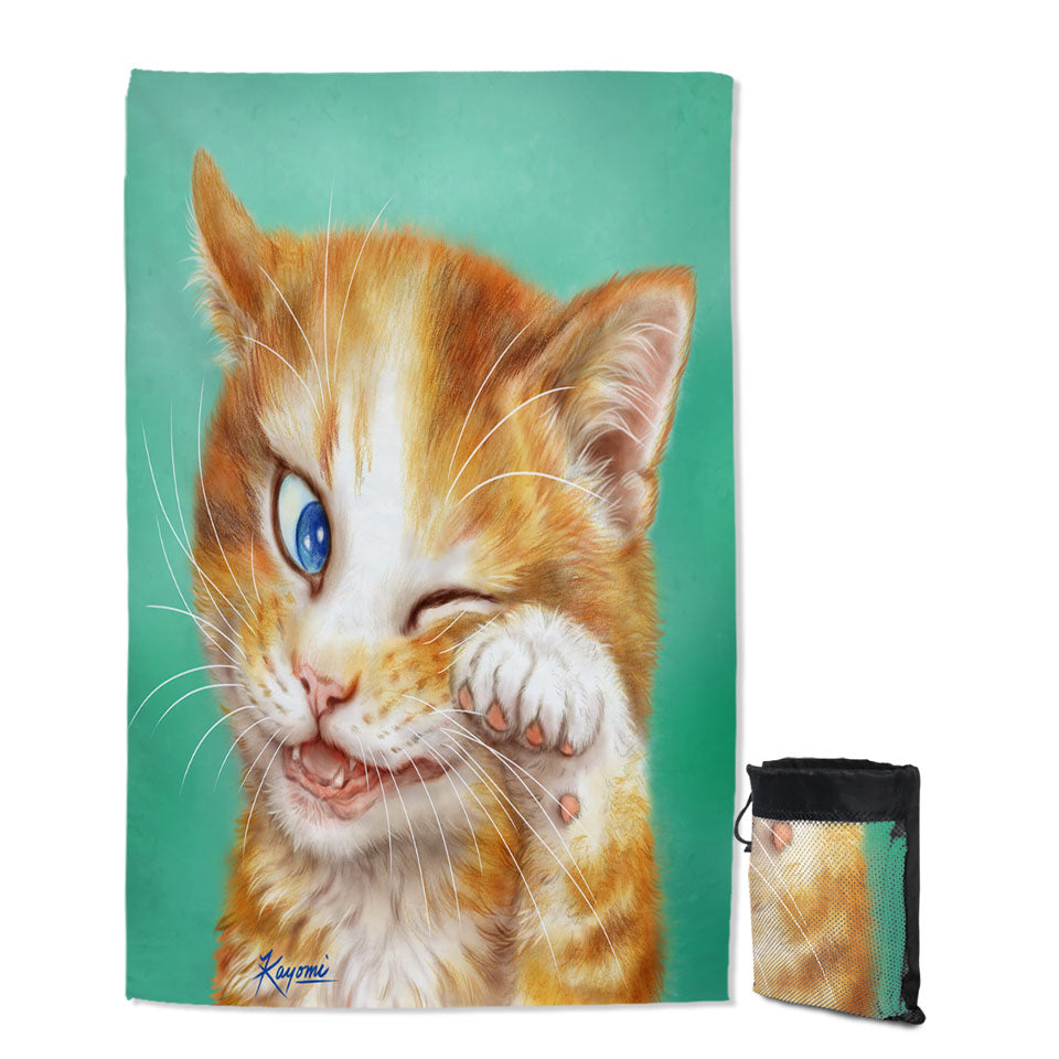 Kids Swimming Towels Paintings of Cute Ginger Cat over Green
