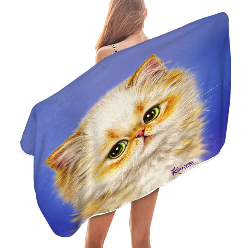 Kids Swimming Towels with Adorable Ginger Kitten over Purple