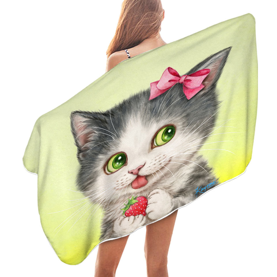 Kids Swimming Towels with Cute Paintings Strawberry Love Girly Kitten