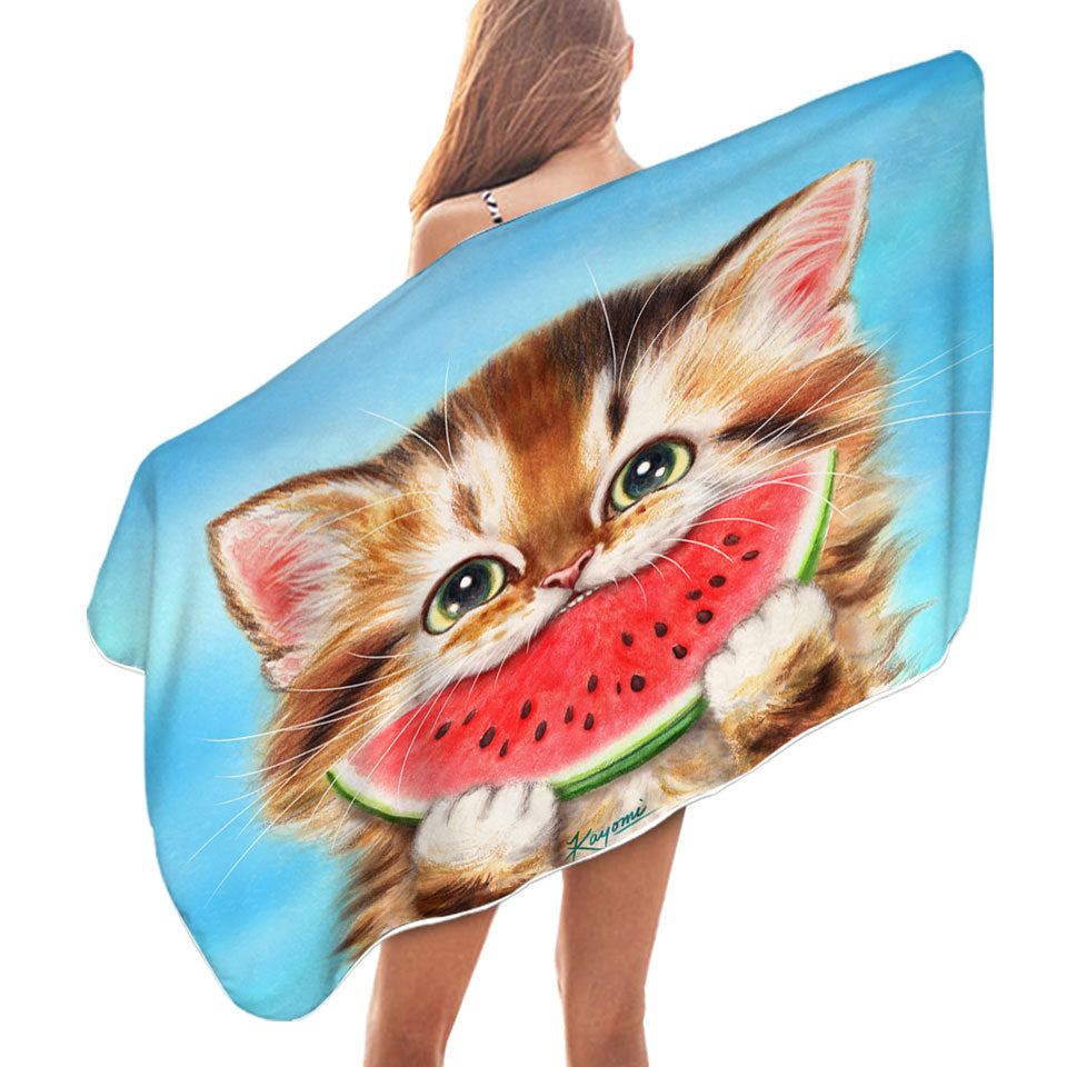 Kids Swimming Towels with Funny Paintings Watermelon Love Hungry Kitten