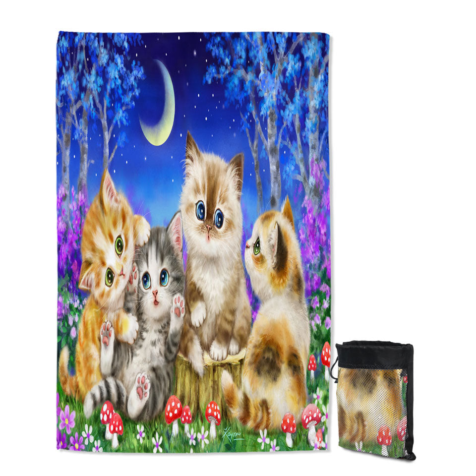 Kids Swimming Towels with Moonlight Cats Cute Sweet Kittens in the Forest