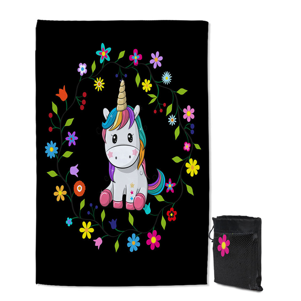 Kids Swimming Towels with Simple Floral Circle and Adorable Unicorn