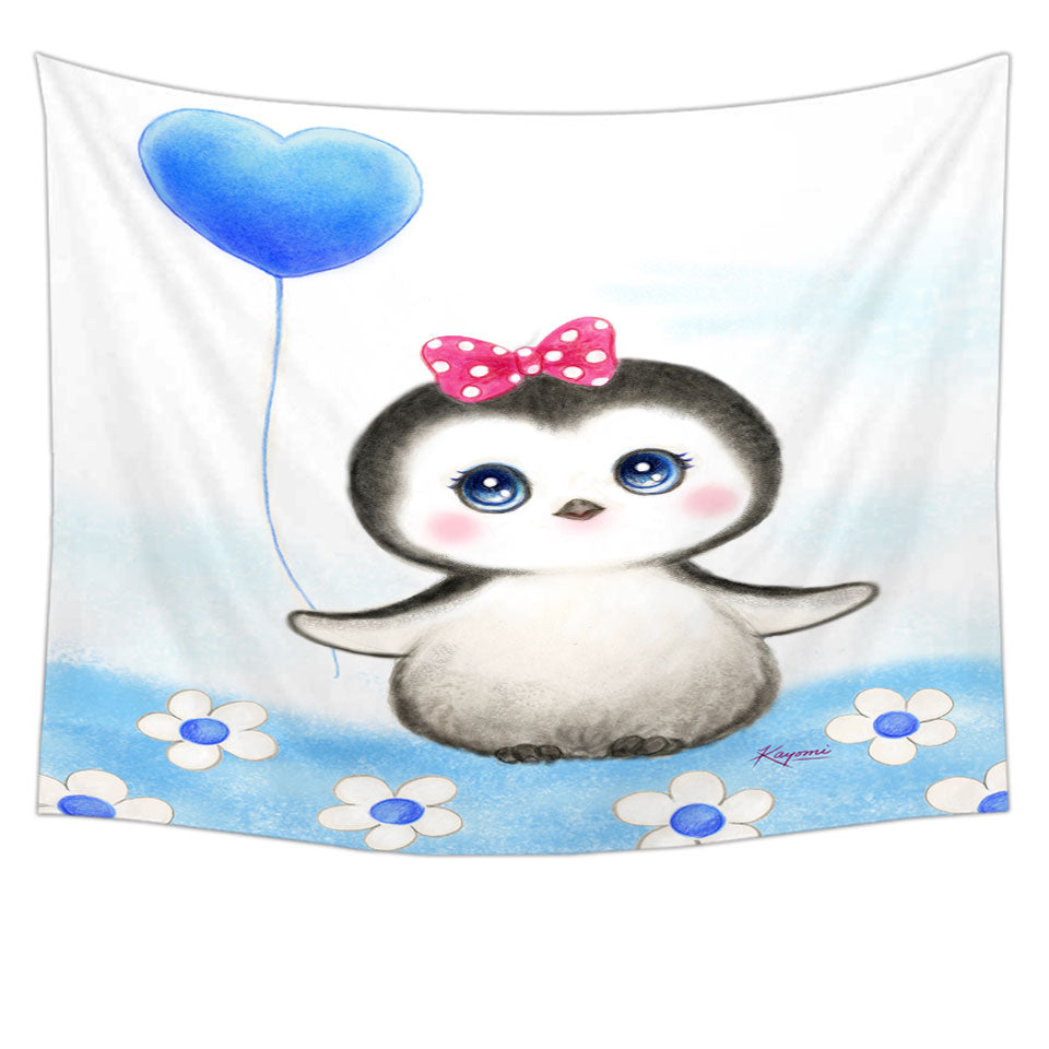 Kids Tapestry Wall Decor Drawing Design Penguin Heart Balloon