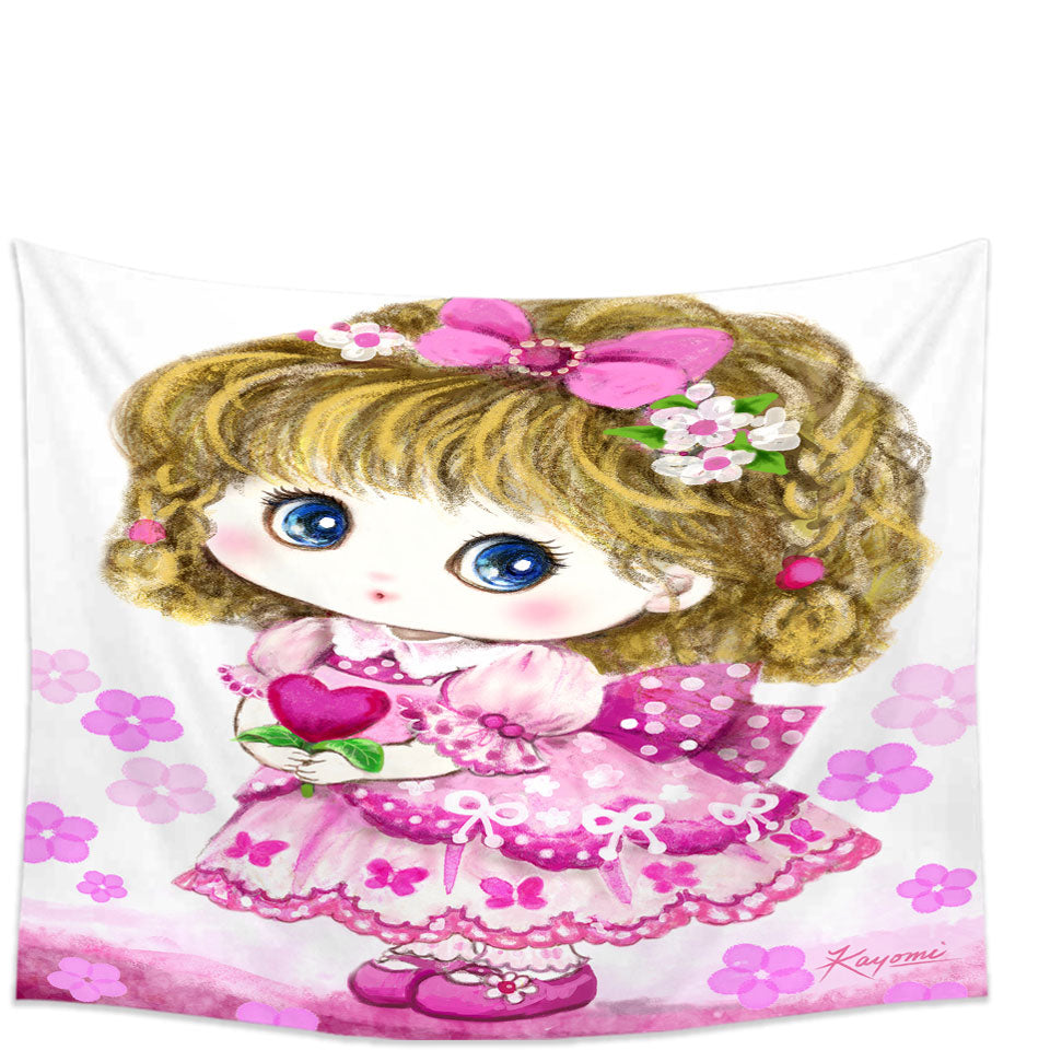 Kids Tapestry Wall Decor Drawings Pink Girl Heart and Flowers