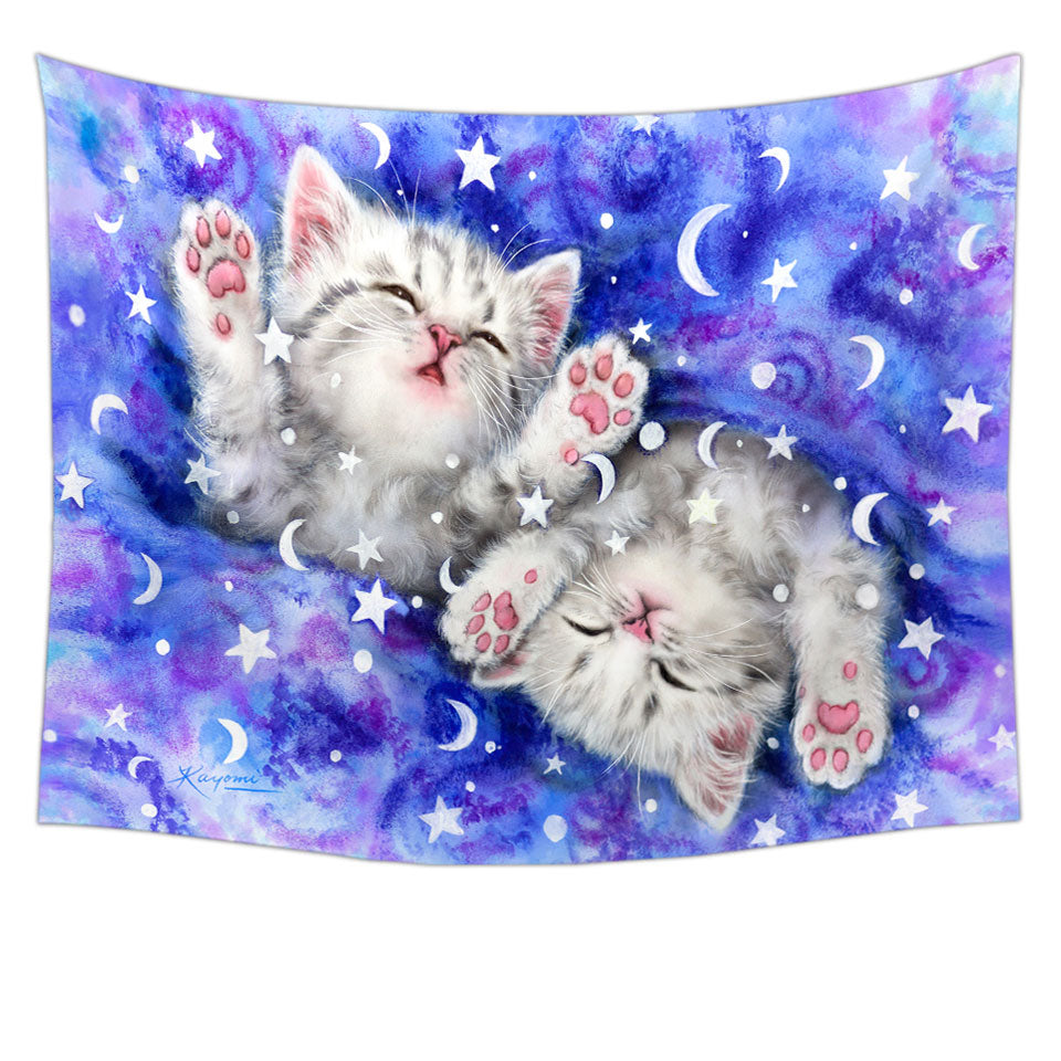 Kids Tapestry Wall Decor Two Grey Kitty Cats Sweet Slumber Night