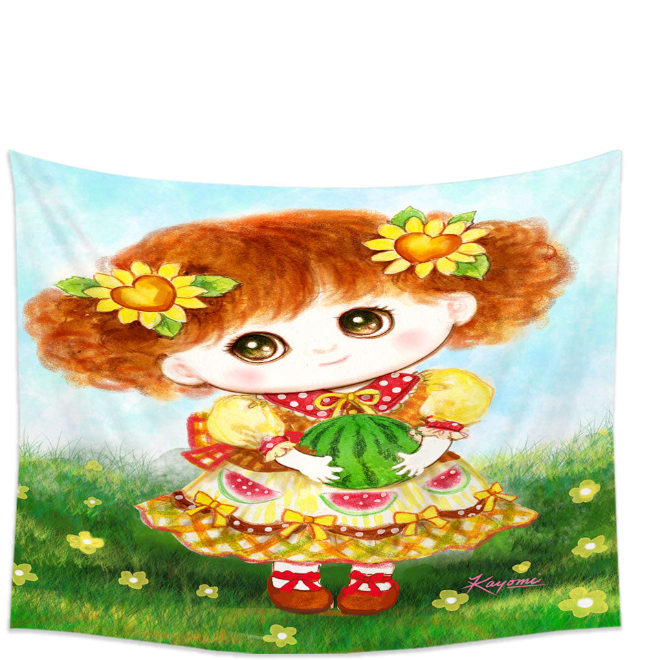 Kids Tapestry Wall Hanging Drawings Yellow Girl and Watermelon