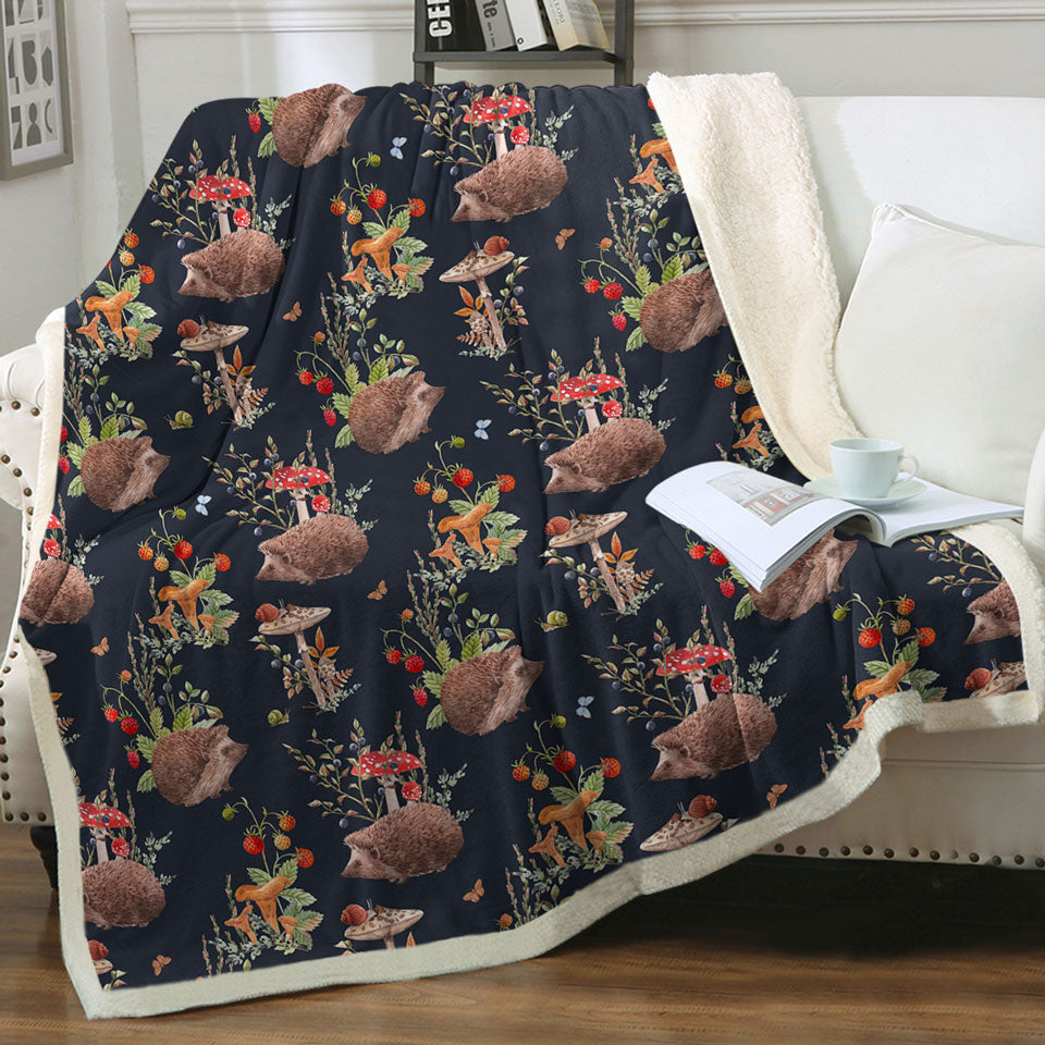 Kids Throw Blanket with Cute Hedgehog in a Mushroom Garden