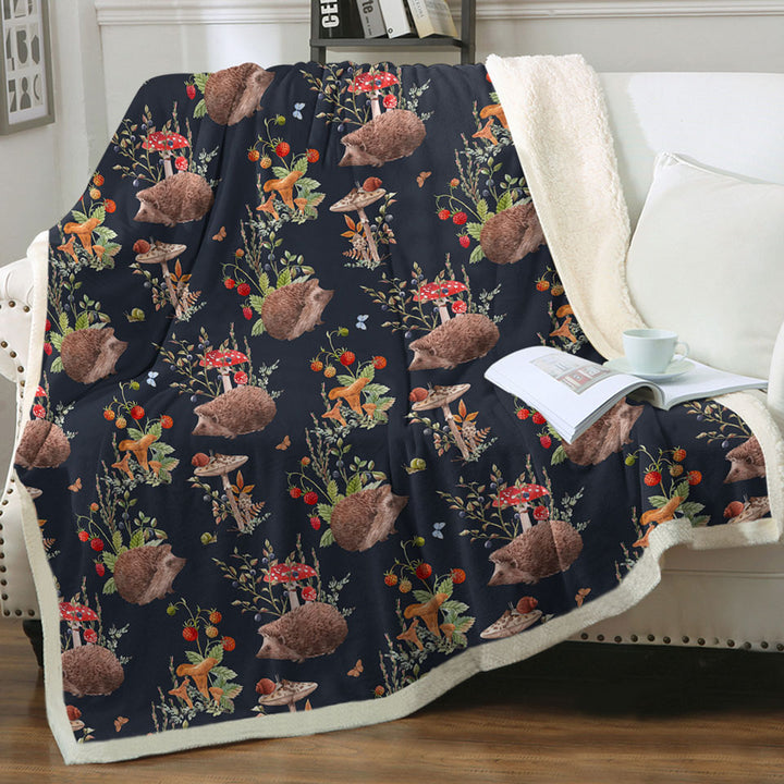 Kids Throw Blanket with Cute Hedgehog in a Mushroom Garden