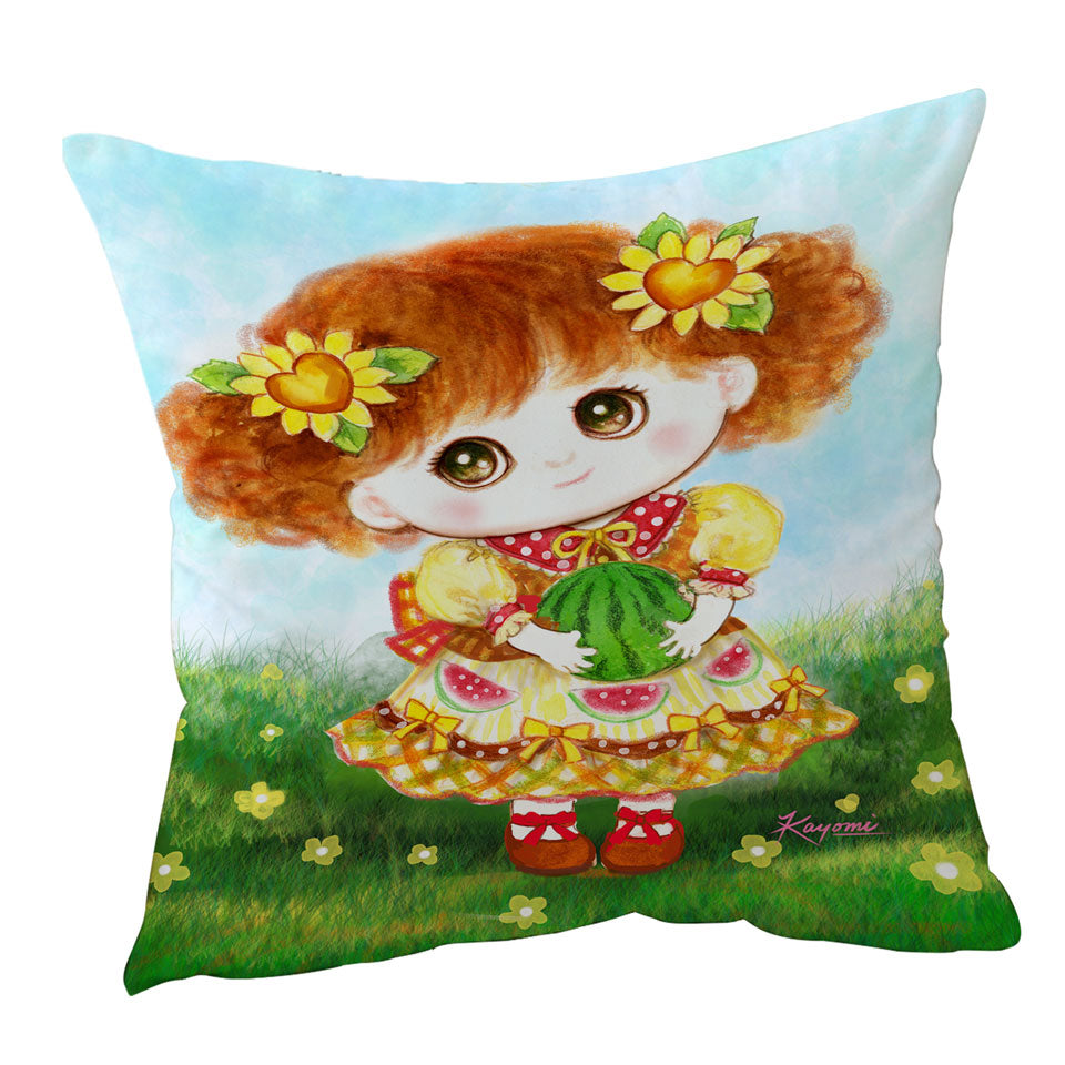 Kids Throw Pillow Cover Drawings Yellow Girl and Watermelon