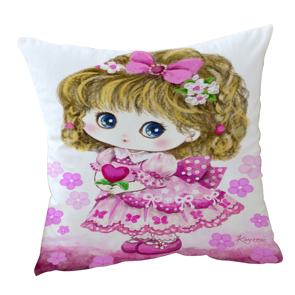 Kids Throw Pillows Drawings Pink Girl Heart and Flowers