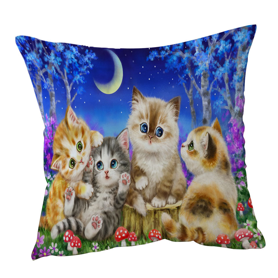 Kids Throw Pillows with Moonlight Cats Cute Sweet Kittens in the Forest