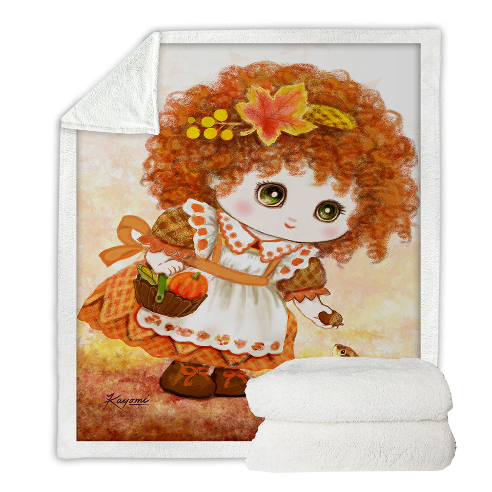 Kids Throws Drawings Autumn Orange Girl and Squirrel