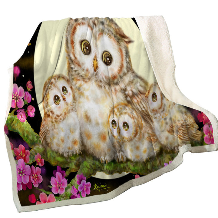 Kids Throws with Flowers and Moonlight Lullaby Cute Owl Family