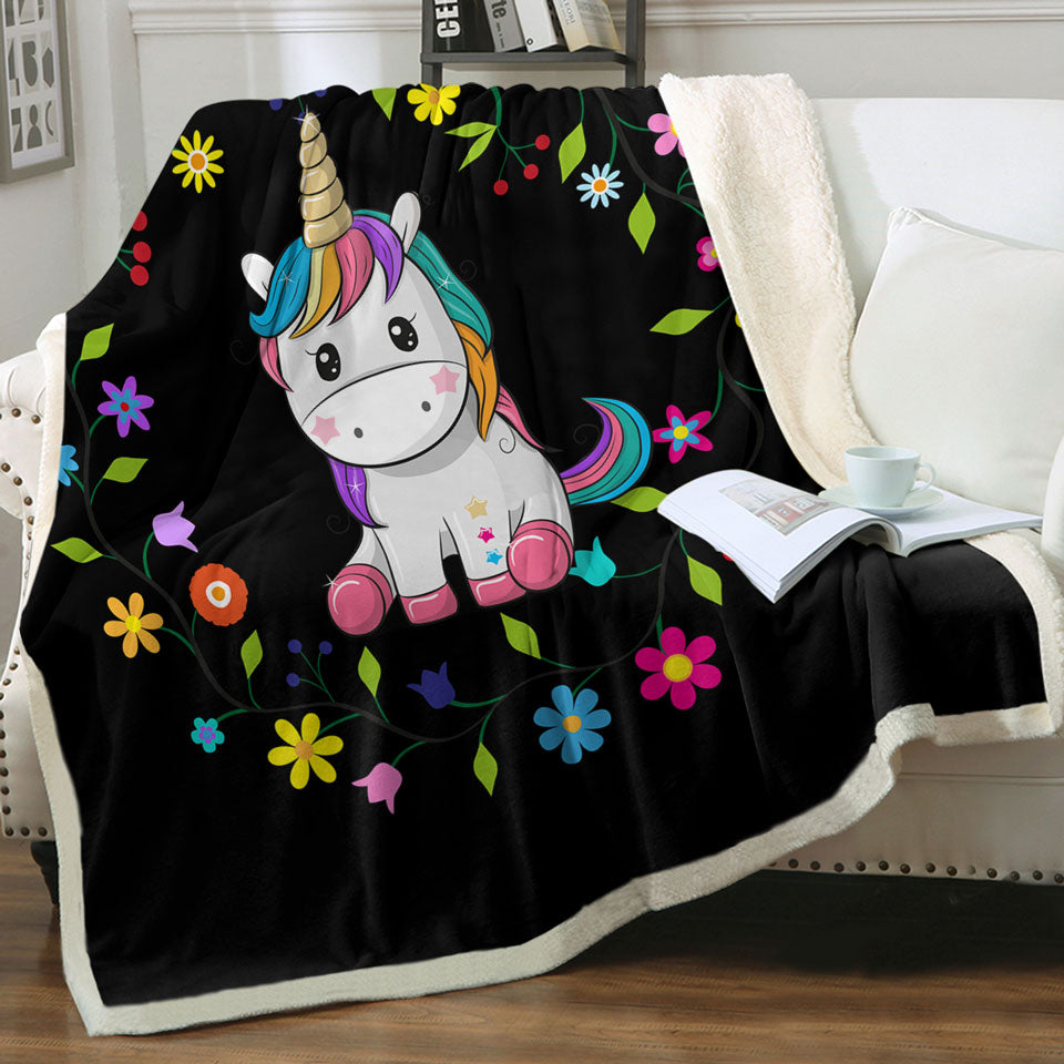 Kids Throws with Simple Floral Circle and Adorable Unicorn