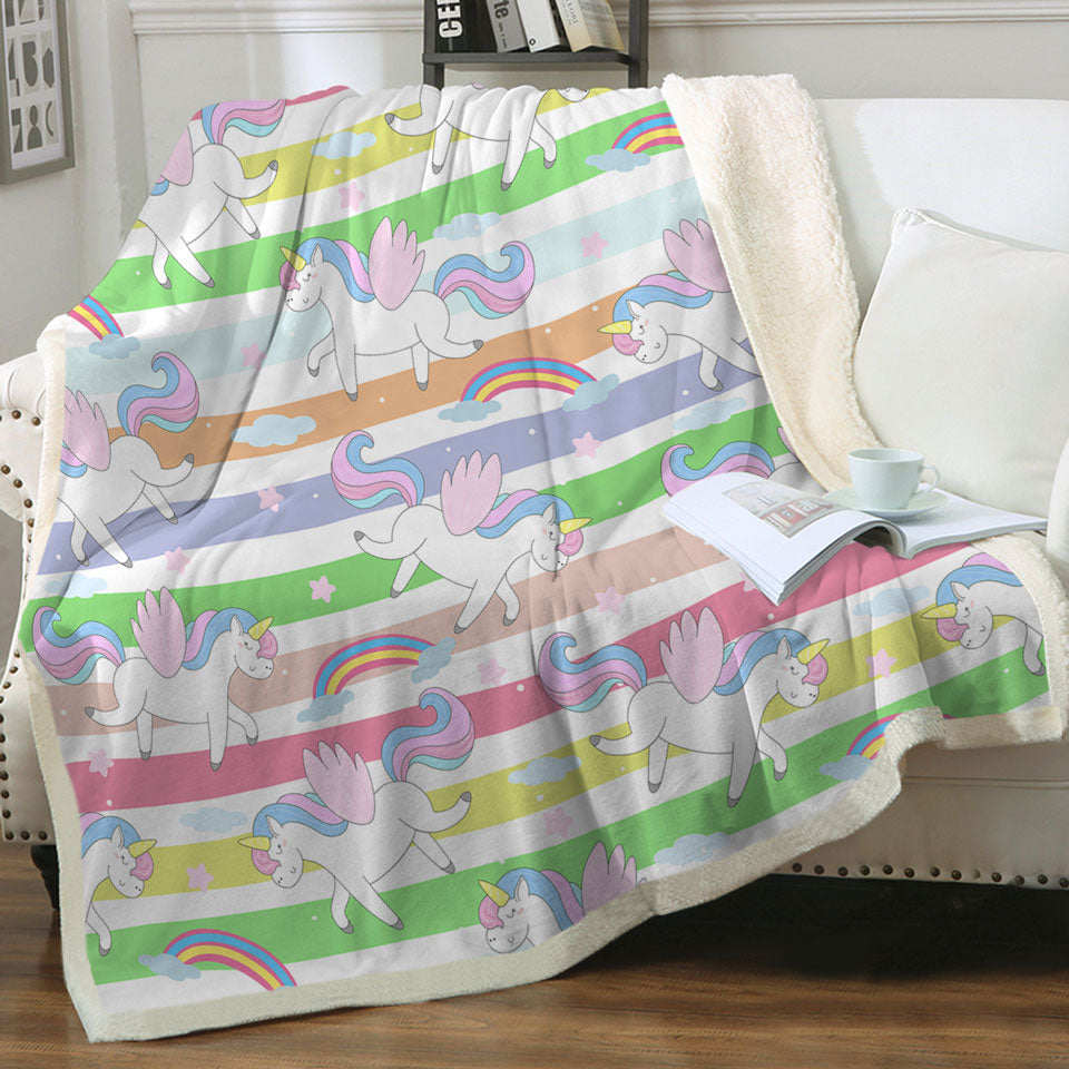 Kids Throws with Stripes and Rainbow Unicorn Pattern