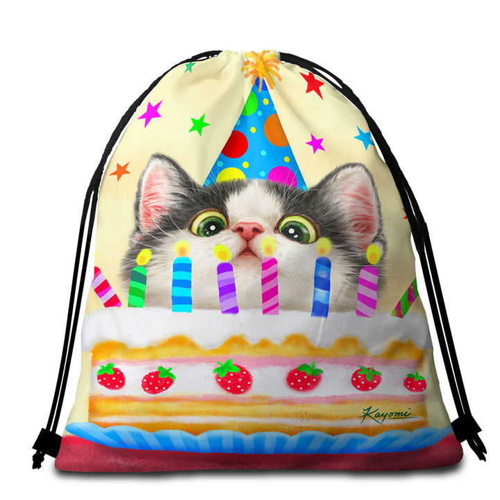 Kids Trendy Beach Towel Bags Designs Cute Birthday Cake Kitten Cat