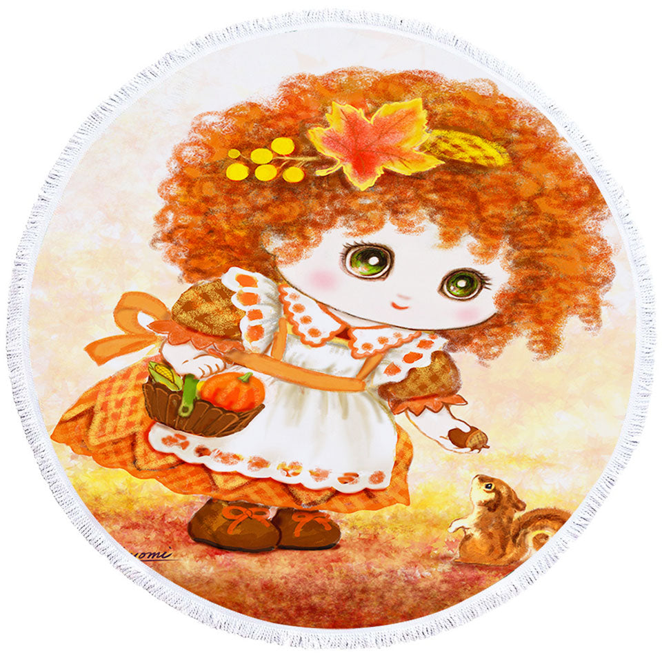 Kids Unique Beach Towels Drawings Autumn Orange Girl and Squirrel