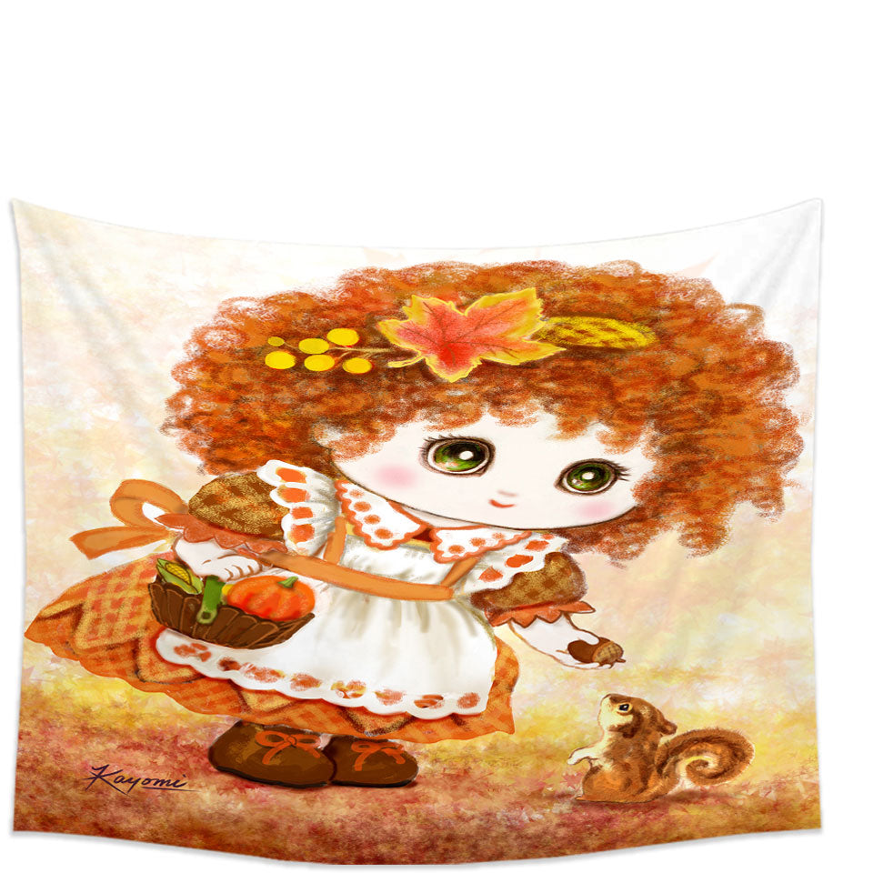 Kids Wall Art Prints Drawings Autumn Orange Girl and Squirrel