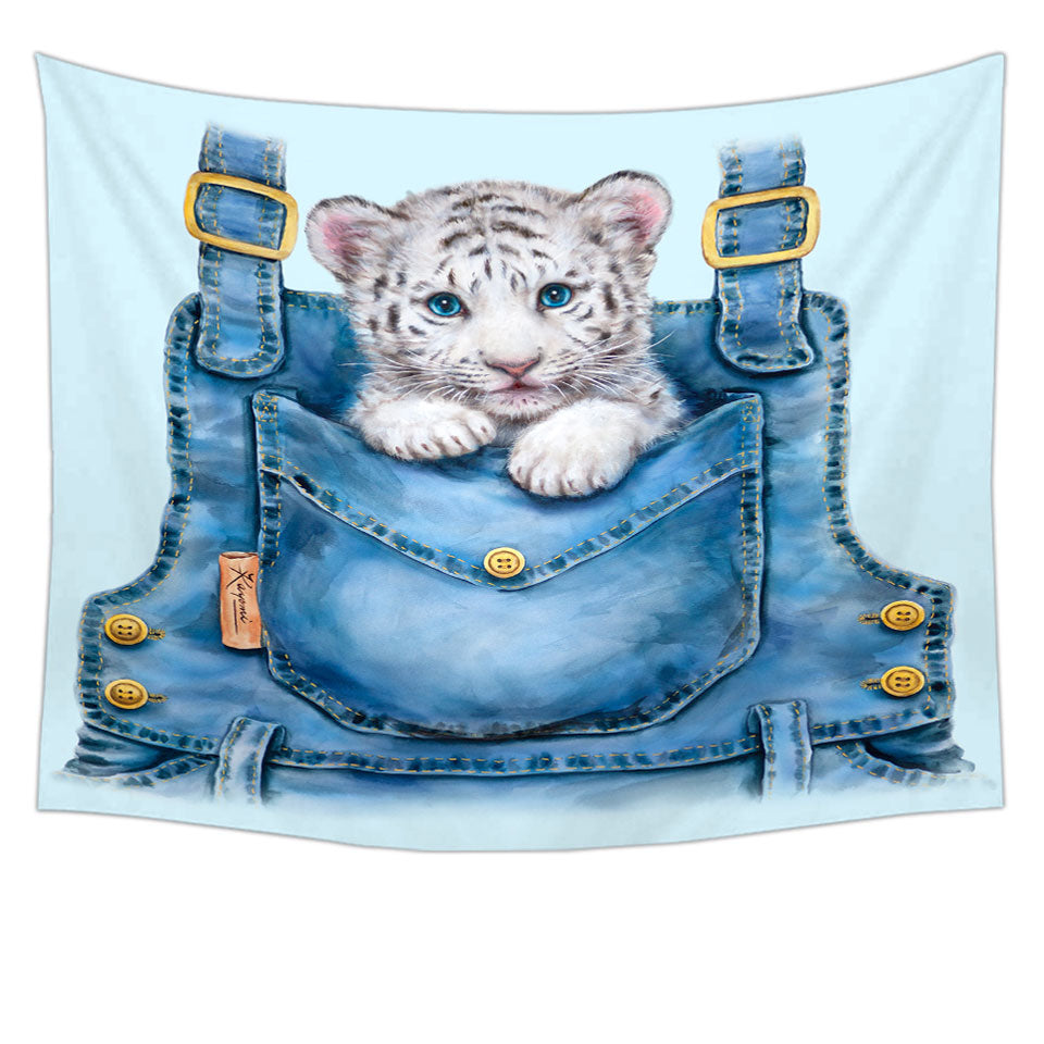 Kids Wall Decor Adorable Animal Drawings Pocket White Tiger Tapestry