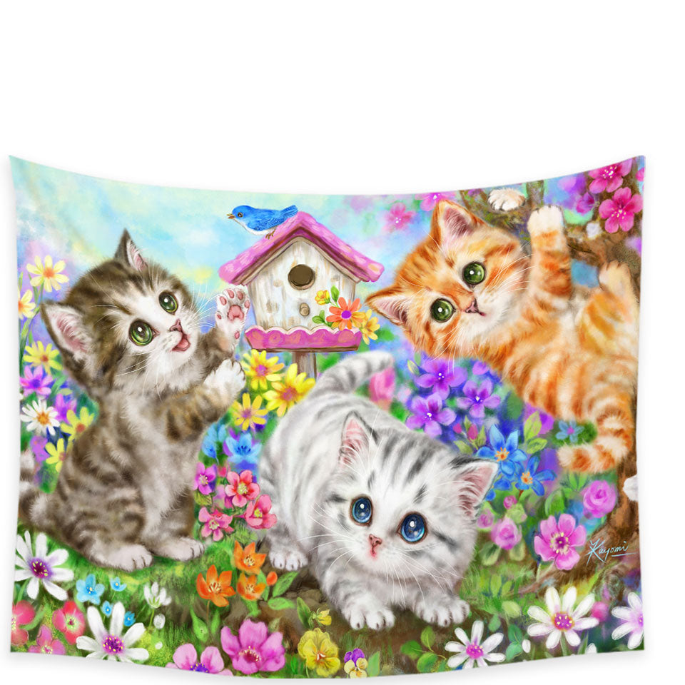 Kids Wall Decor Designs Cute Bird House and Cats Kittens Tapestry