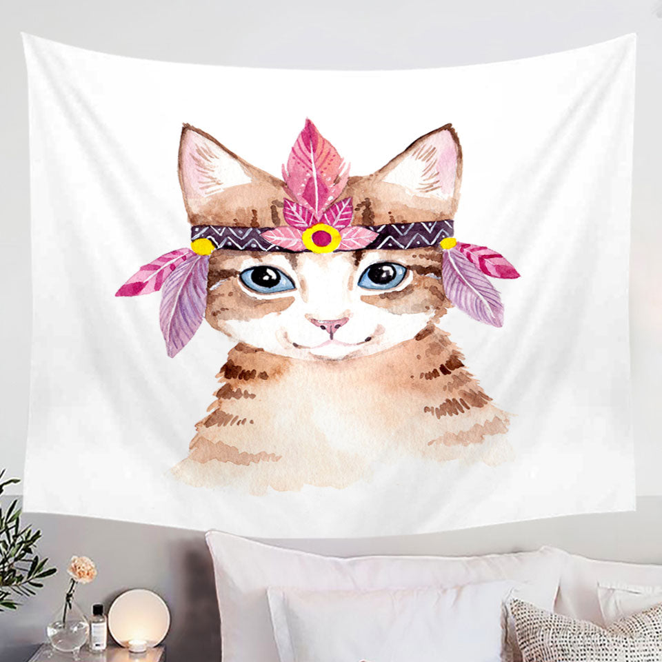 Kids Wall Decor Tapestry Art Painting Adorable Native American Kitten