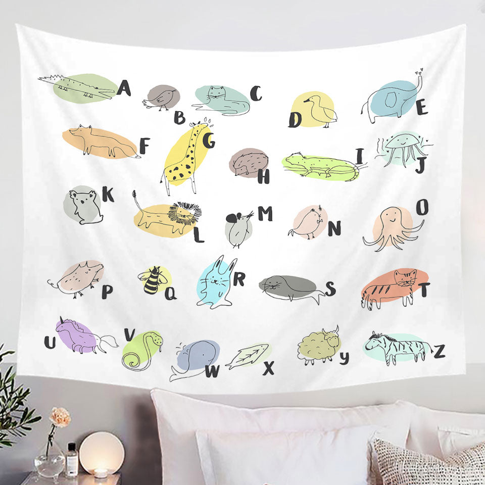 Kids Wall Decor Tapestry with Alphabet Animals Drawings