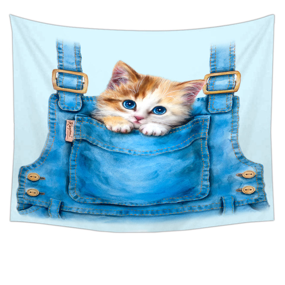 Kids Wall Decor with Adorable Animal Drawings Pocket Kitten Tapestry