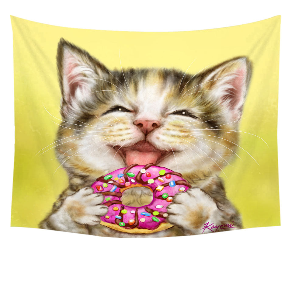 Kids Wall Decor with Funny Cats Happy Tabby Kitten Eating Doughnut