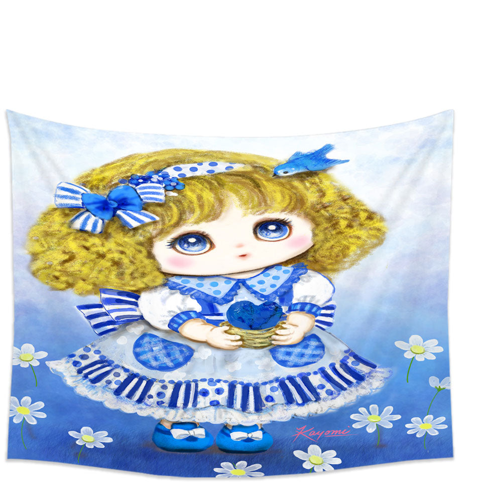 Kids Wall Tapestry Drawings Blue Girl and Daisy Flowers