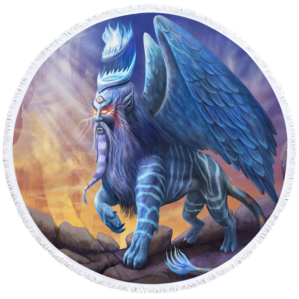 King Sphinx Cool Fantasy Round Beach Towel Dragon Creature