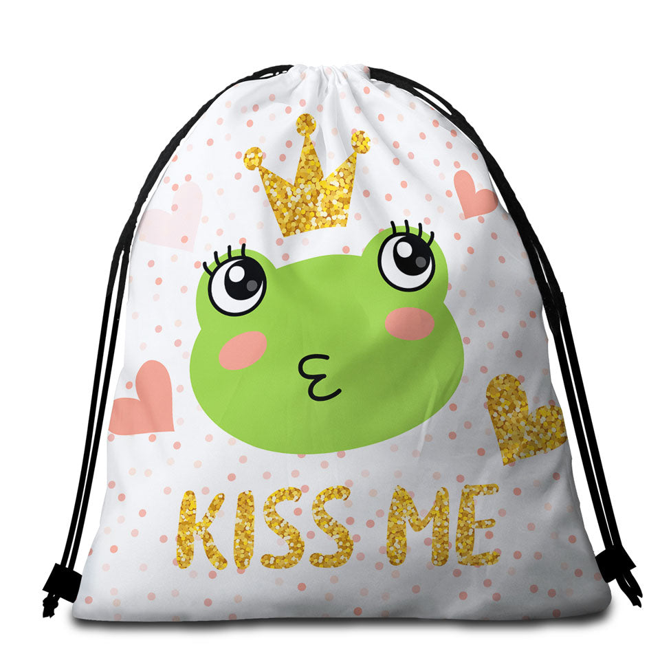 Kiss Me Cute Princess Frog Girls Beach Towel Bags