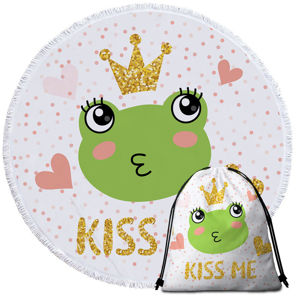 Kiss Me Cute Princess Frog Girls Round Beach Towel