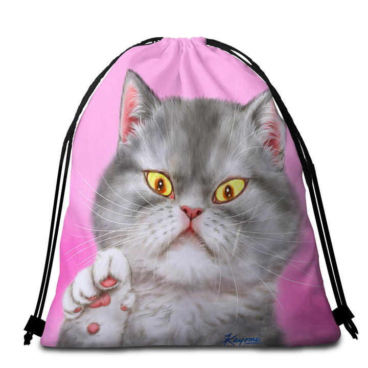 Kittens Art Angry Grey Kitty Cat over Pink Beach Towels and Bags Set