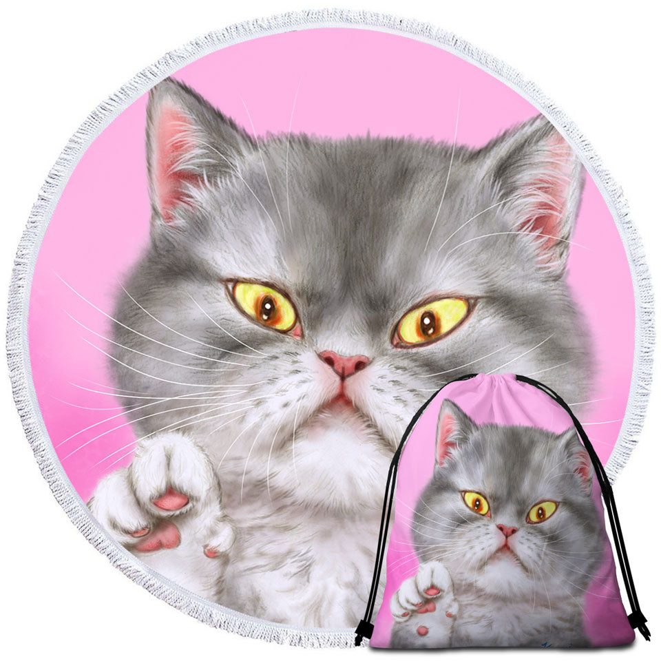 Kittens Art Angry Grey Kitty Cat over Pink Circle Beach Towel