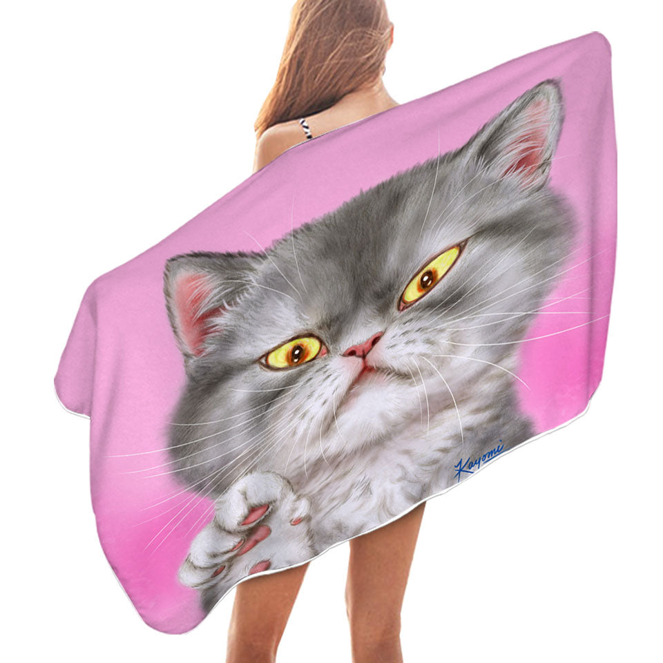 Kittens Art Angry Grey Kitty Cat over Pink Microfiber Beach Towel
