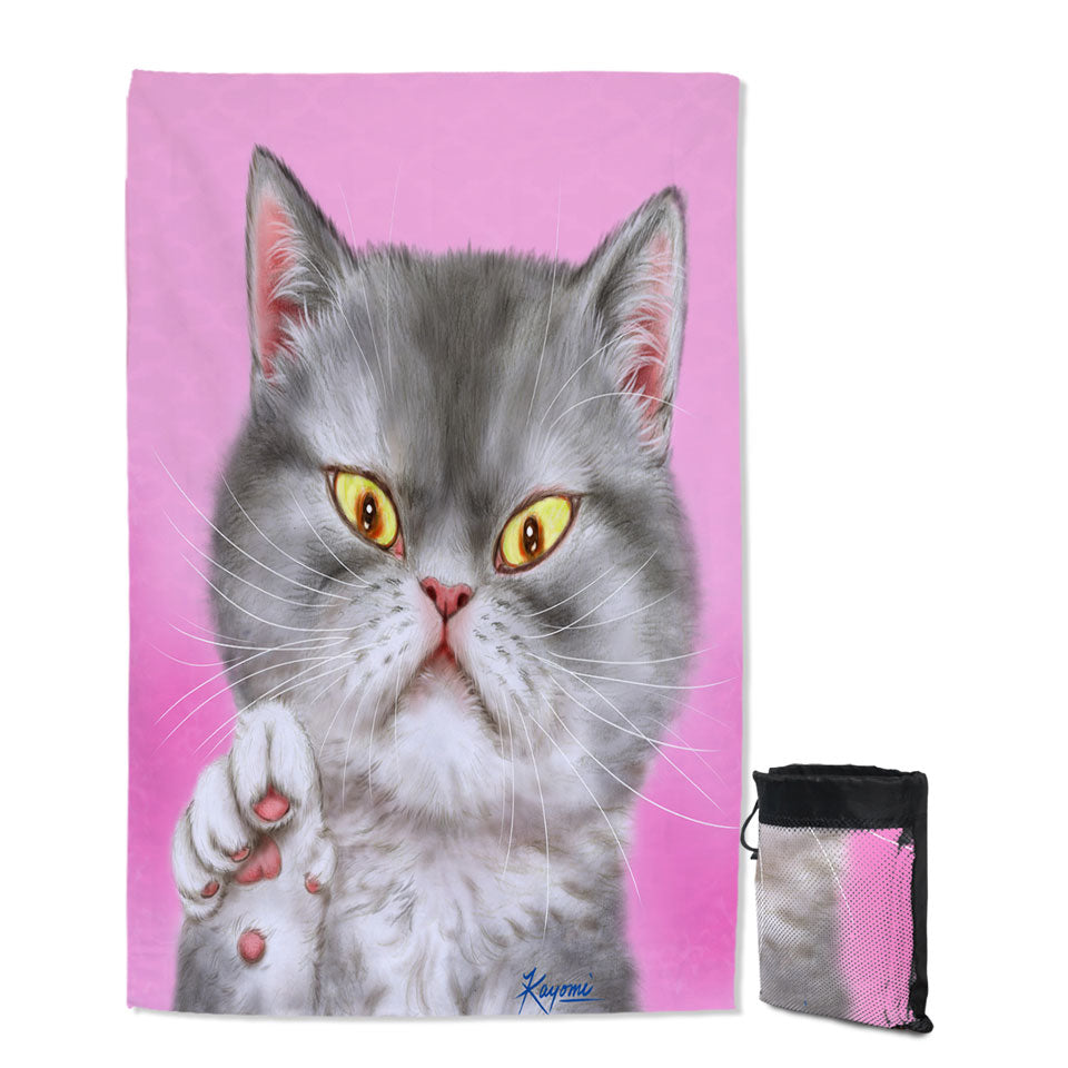 Kittens Art Angry Grey Kitty Cat over Pink Quick Dry Beach Towel