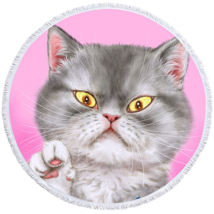 Kittens Art Angry Grey Kitty Cat over Pink Round Beach Towel