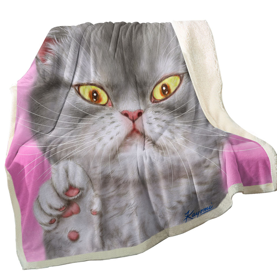 Kittens Art Angry Grey Kitty Cat over Pink Sherpa Blanket