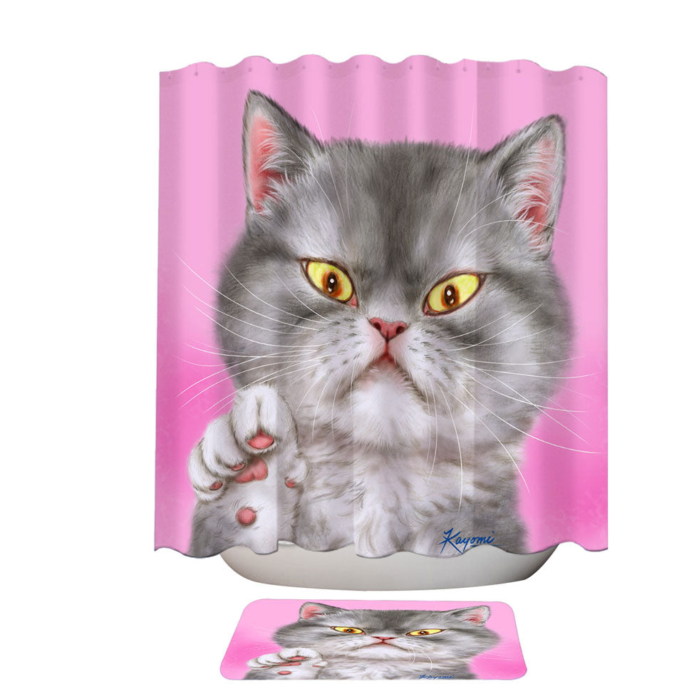 Kittens Art Angry Grey Kitty Cat over Pink Shower Curtain