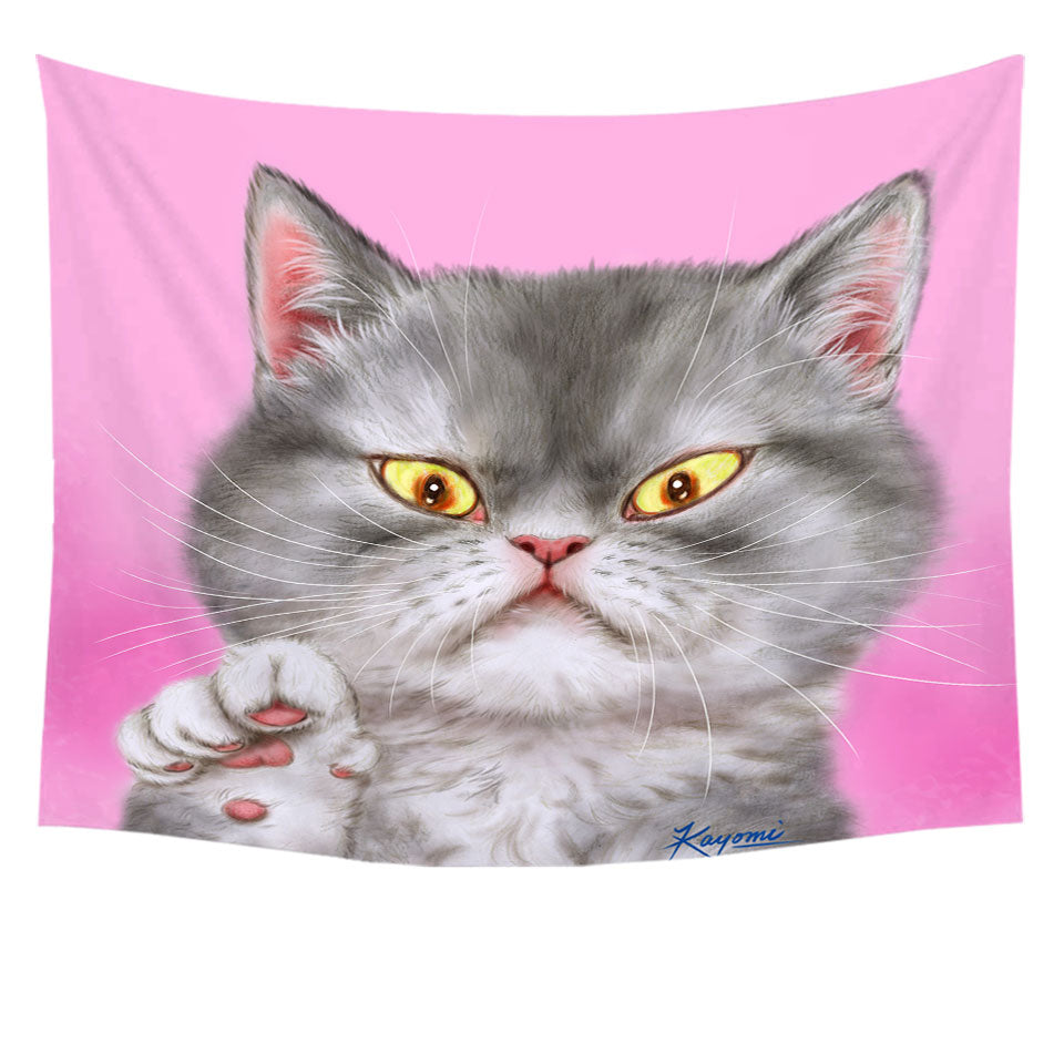 Kittens Art Angry Grey Kitty Cat over Pink Tapestry