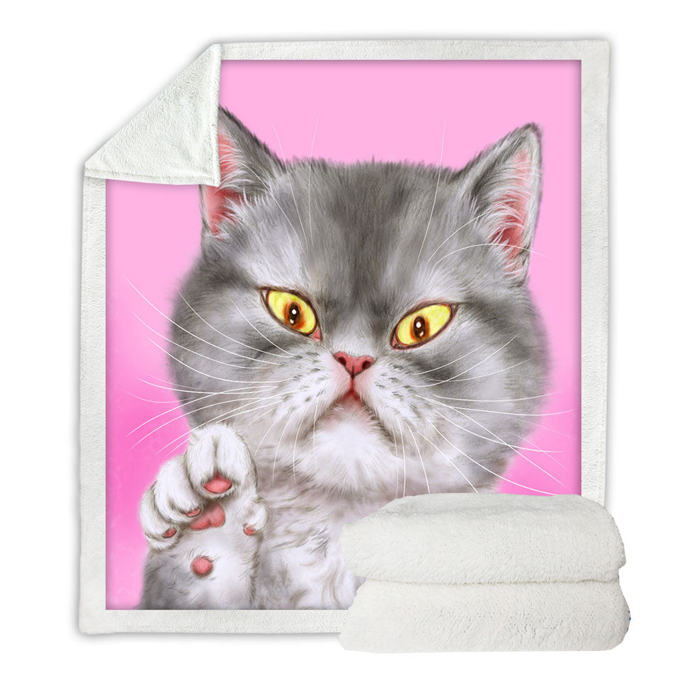 Kittens Art Angry Grey Kitty Cat over Pink throw Blanket