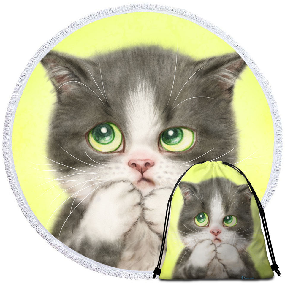 Kittens Art Paintings Cute Little Grey Kitty Cat Circle Beach Towel