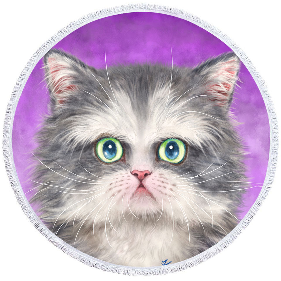 Kittens Beach Towels Art Paintings Fluffy Grey and White Cat