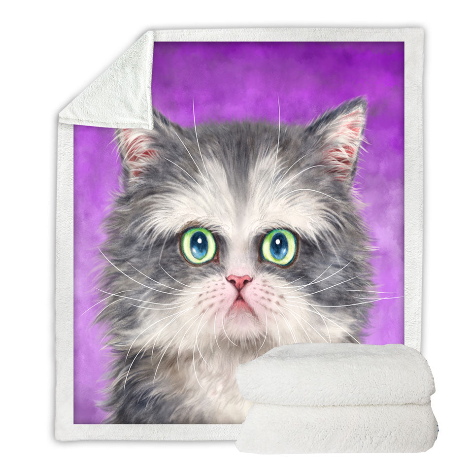 Kittens Couch Throws Art Paintings Fluffy Grey and White Cat