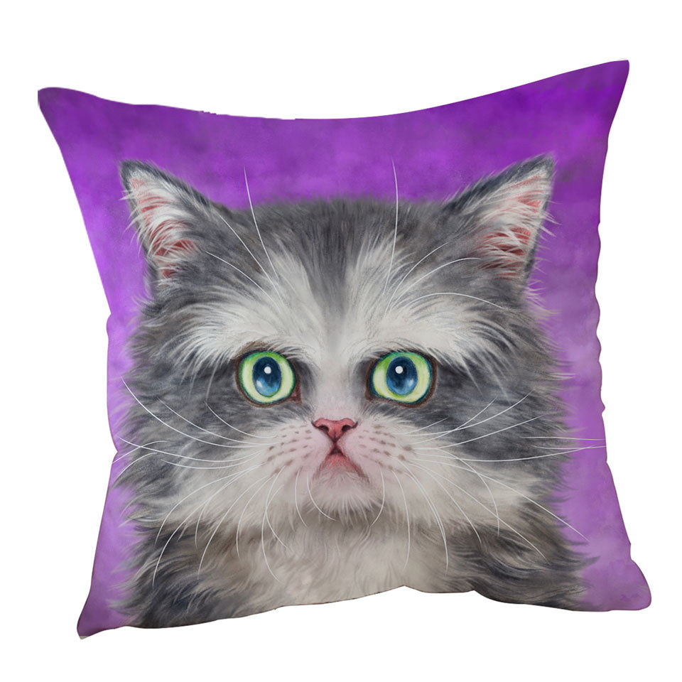 Kittens Cushion Covers Art Paintings Fluffy Grey and White Cat